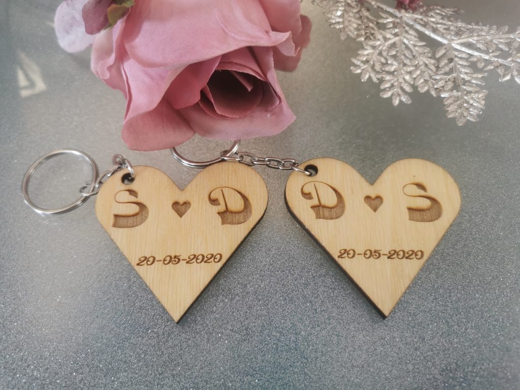 Couples Initials Heart Shape Wooden Keyring
